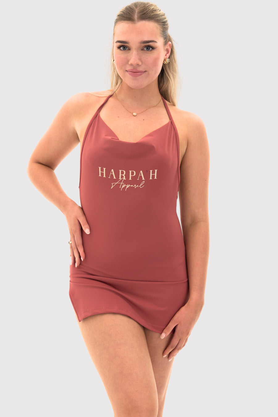 Cowl Neck Backless Halter Mini Dress