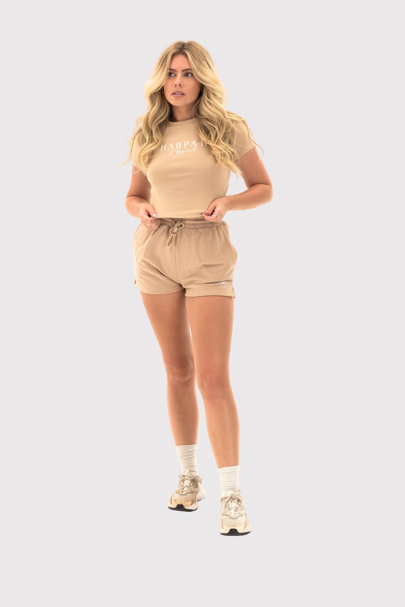 Women's PeachLuxe beige cropped t-shirt with short sleeves and classic crew neckline