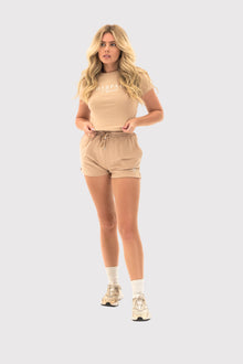Women's PeachLuxe beige cropped t-shirt with short sleeves and classic crew neckline