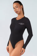 RibLuxe™ Ribbed Zip-Up Long Sleeve Bodysuit