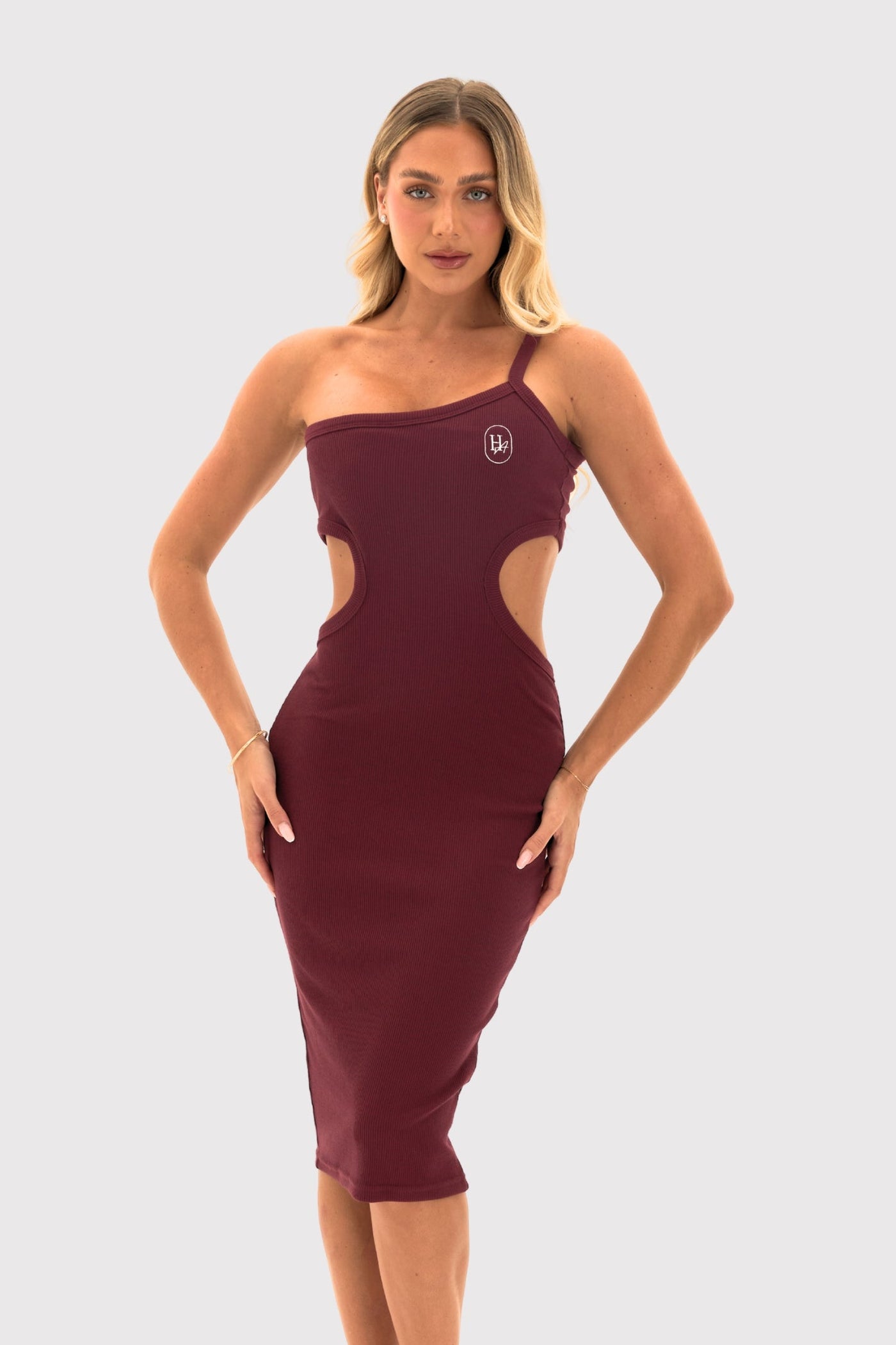 one shoulder ribbed midi dress ASOS DESIGN ribbed one-shoulder neck scarf midi dress in chocolate